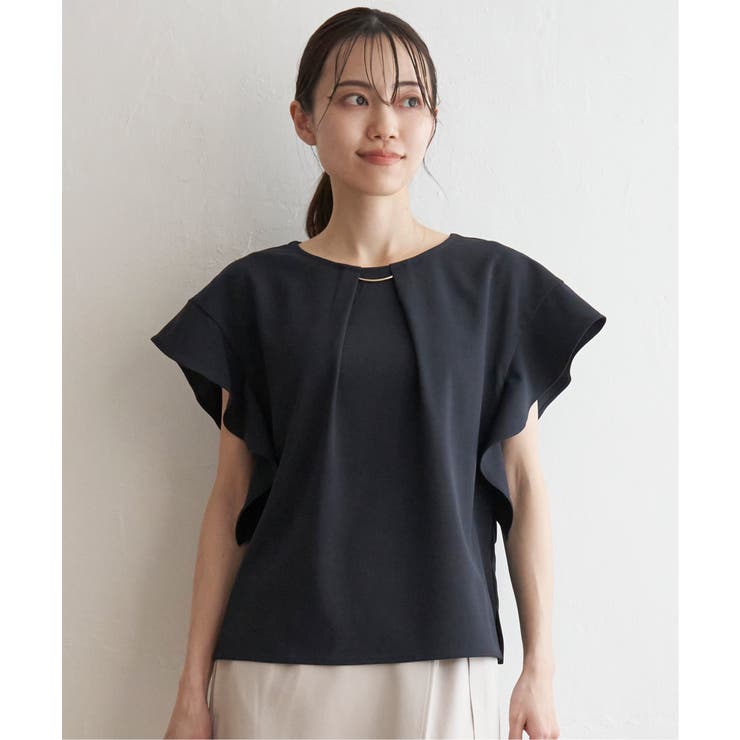 ネイビー | 麻調バー付きブラウス | ikka