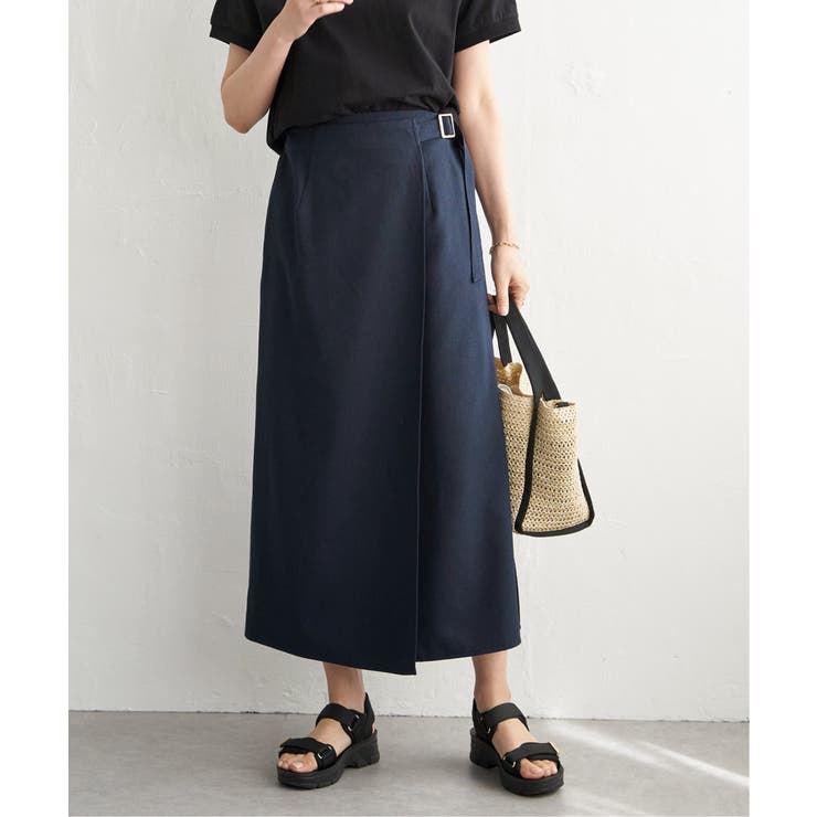 ネイビーブルー | バックル付きラップ風スカート | ikka 