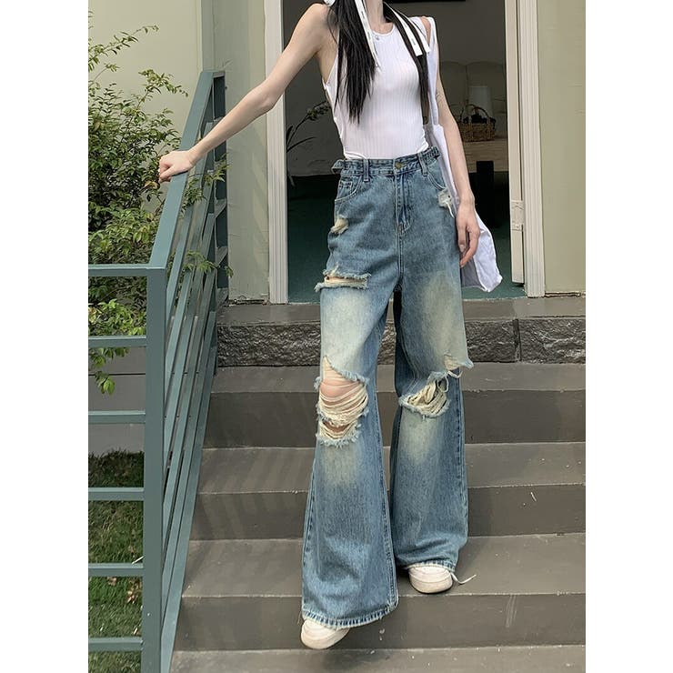 ダメージワイドデニムパンツ 全2色 レディース[品番