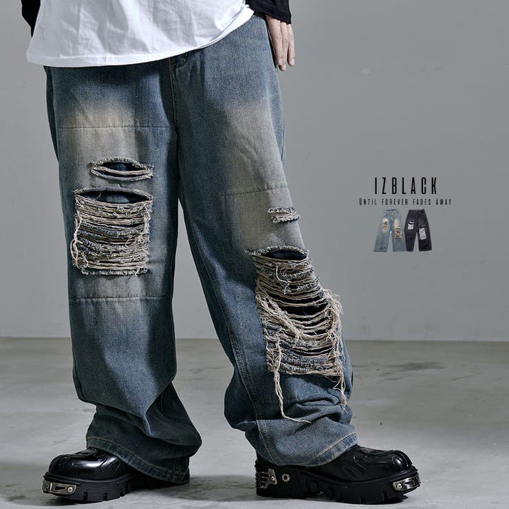 izBLACK【イズブラック】クラッシュワイドデニムパンツ 全2色 ワイド 