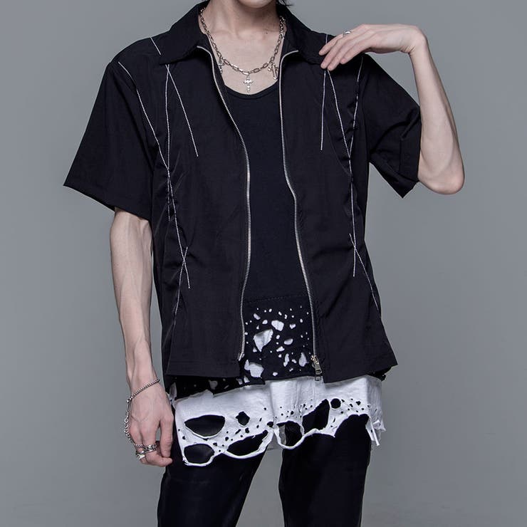 izBLACKステッチジップデザインシャツ 全1色シャツ メンズ[品番