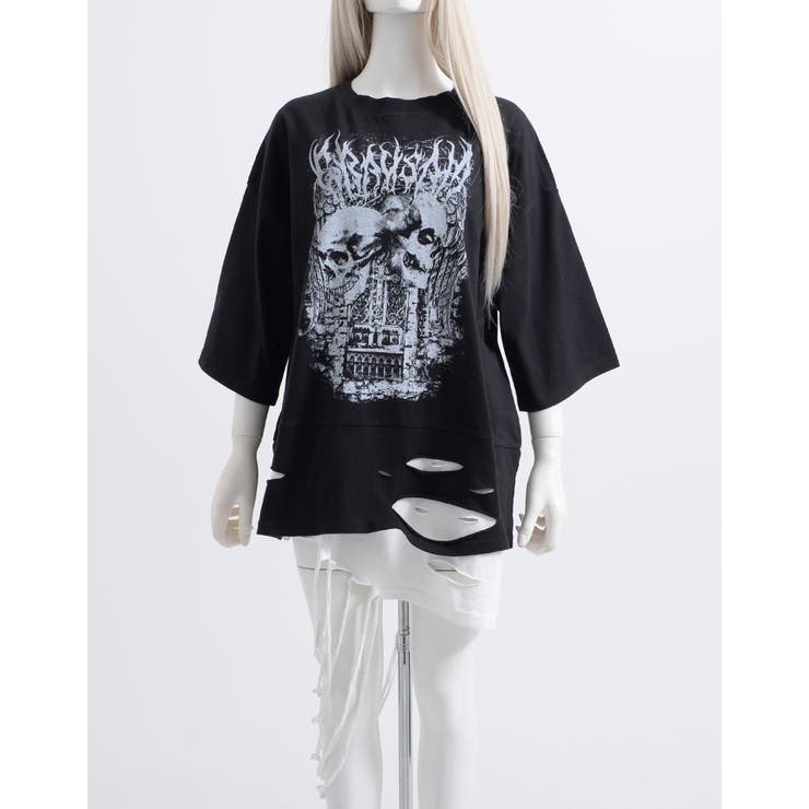 在庫処分 激安 ililil裾最初から破けてるよ。Tシャツ 全1色 ブラック[品番 トップス