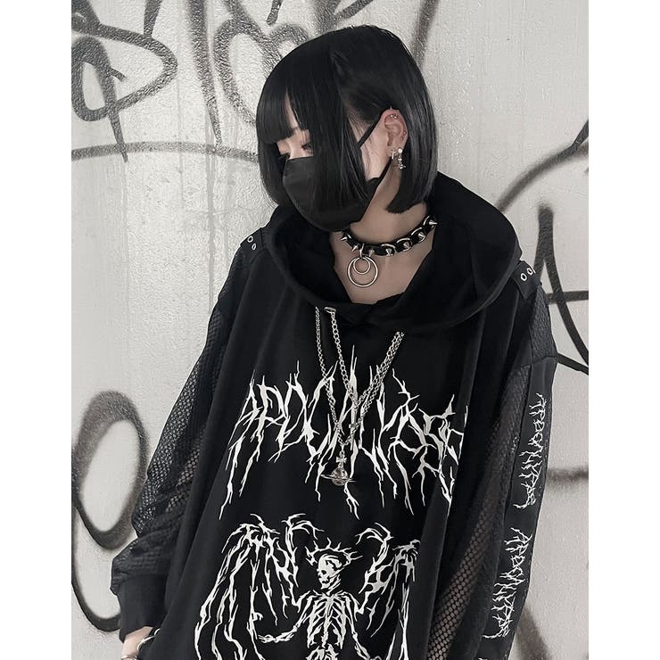 ililil イルイルイル メッシュ切り替えスカルプリントピアスパーカー