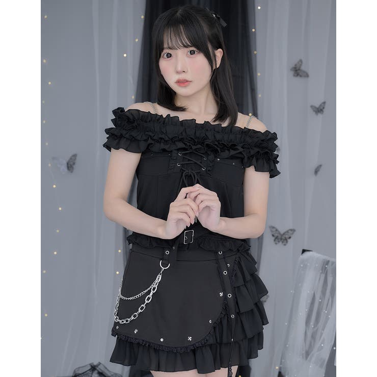 tシャツ 「ililil/イルイルイル」「地雷ちゃんのあざとレースアップ2wayオフショルトップス」 レディース ililil地雷ちゃんのあざとレースアップ2wayオフショルトップス