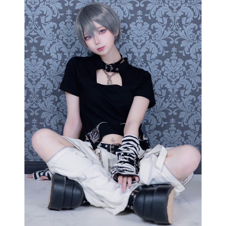 tシャツ 「ililil/イルイルイル」「首輪と鎖のチェーン付きトップス」クロップド半袖カットソー レディース ililil【イルイルイル首輪と鎖のチェーン付きトップス/全1色