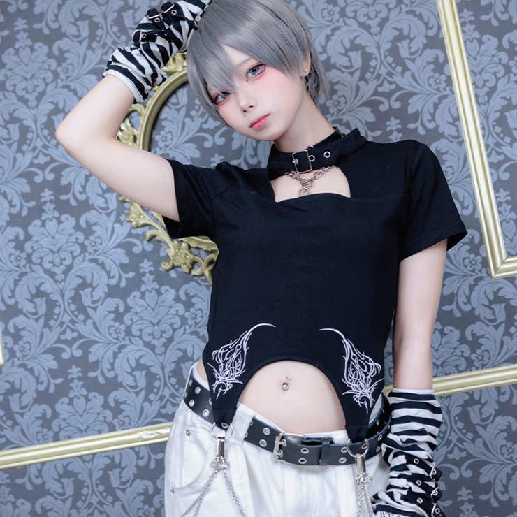 tシャツ 「ililil/イルイルイル」「首輪と鎖のチェーン付きトップス」クロップド半袖カットソー レディース ililil首輪と鎖のチェーン付きトップス 全1色 カットソー[品番