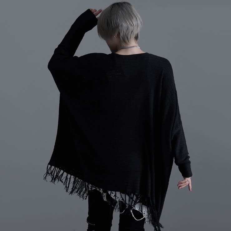 NOVESSEL【ノベセル】フリンジドルマンポンチョニット 全2色 ブラック