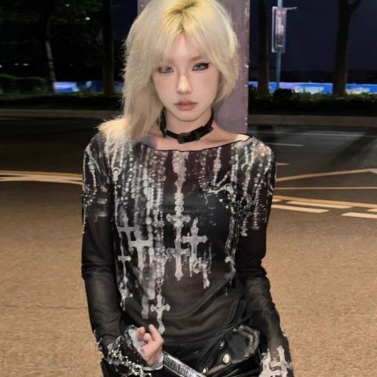 NOVESSELクロス柄シアースキン長袖カットソー 全1色 長袖カットソー | ililil | 詳細画像1 