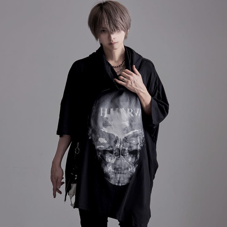 NOVESSELスカルプリントアシメフードドルマンポンチョ 全1色