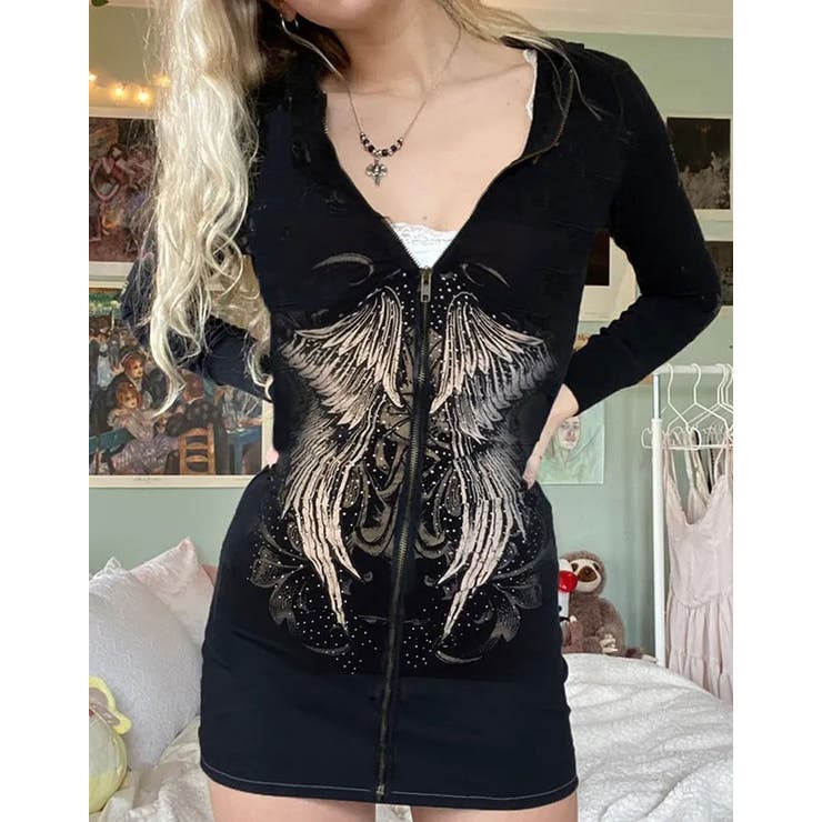 NOVESSELフード付きプリントジップアップ長袖カットソー 全1色 ロンT | ililil | 詳細画像2 