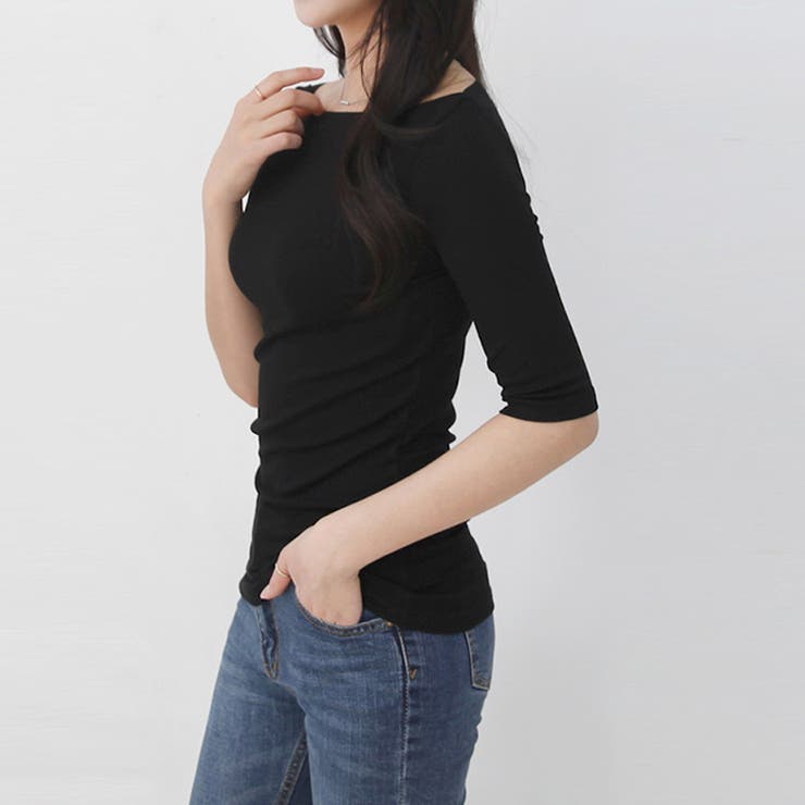 春夏新作！ボートネックTシャツ トップス 5分袖丈[品番
