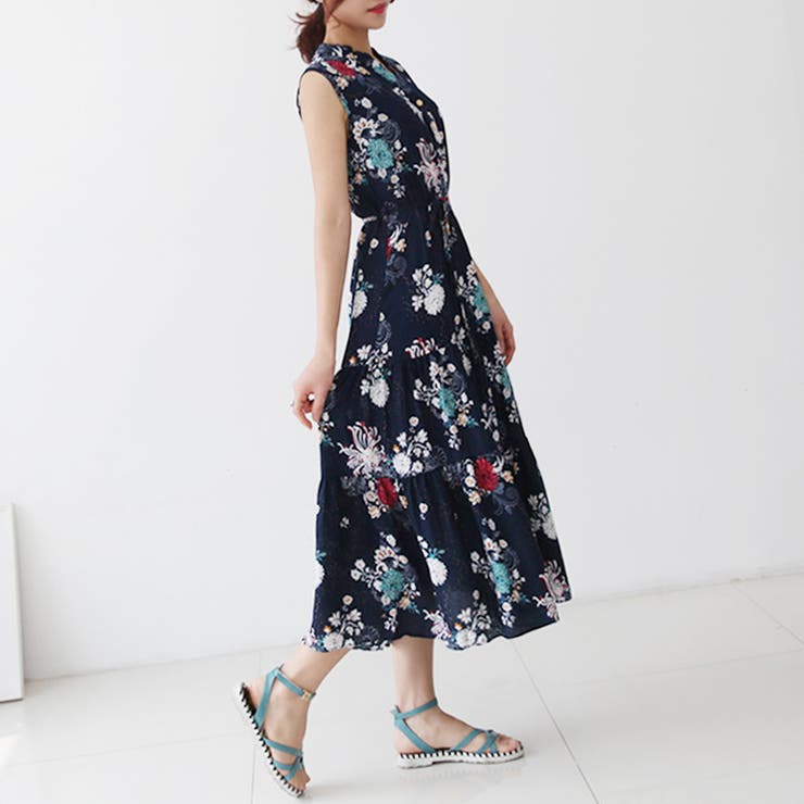 新入荷 No 6 花 柄 ノースリーブ ブラウス ロング ワンピース 黒 袖なし 丸首 人気再入荷