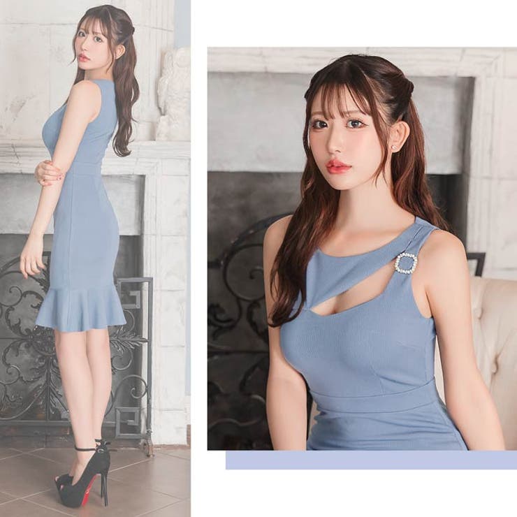 【 】アシンメトリーノースリーブシースドレス 門りょうちゃん着用☆XSサイズあり【Glossy/グロッシー