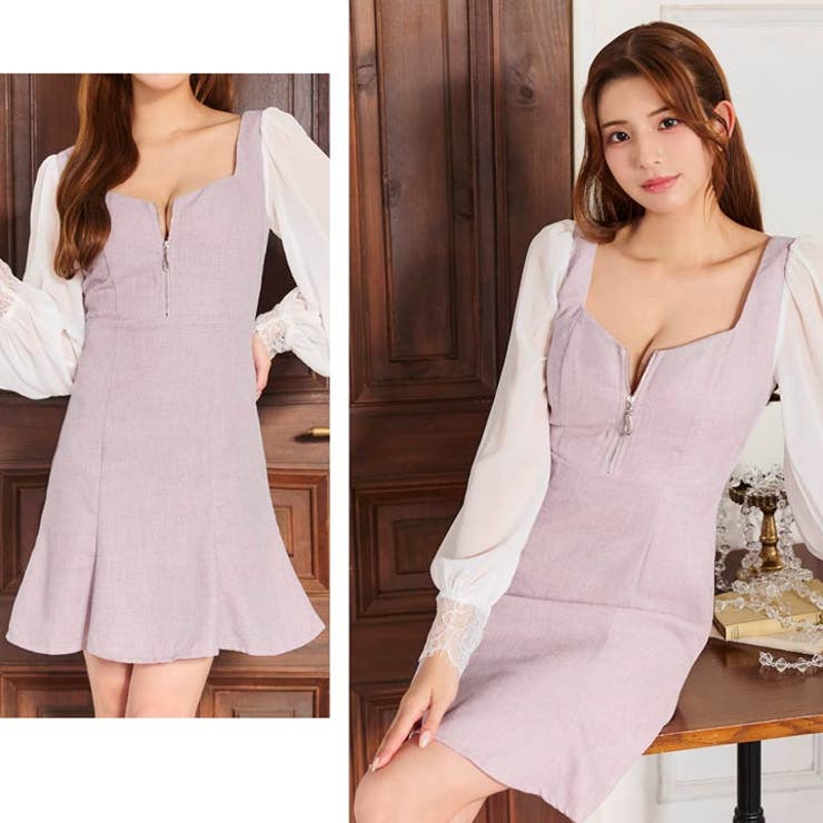 [SML 3サイズ展開] フロントジップツイードシフォンレース長袖マーメイドミニ… | Dazzy | 詳細画像15 