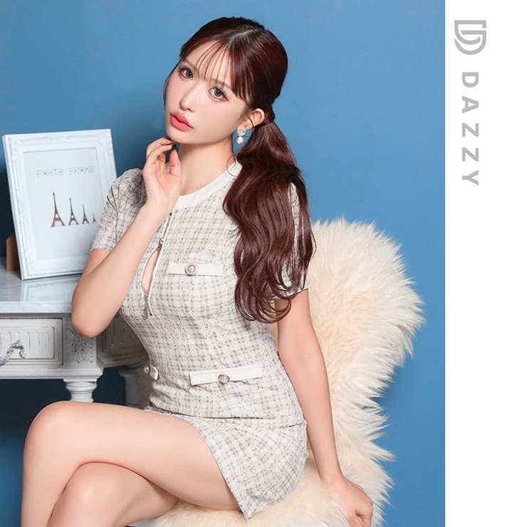 チェック柄レースフロントジップパールボタン半袖タイトミニ丈キャバドレス[SML … | Dazzy | 詳細画像24 