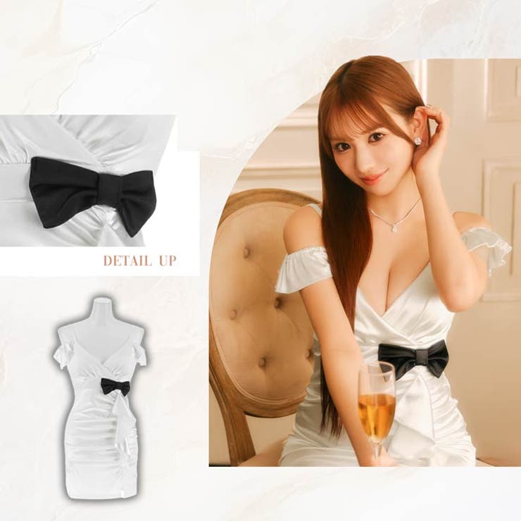 サテンオフショルVネックフリルリボンタイトミニ丈キャバドレス[SML 3サイズ展… | Dazzy | 詳細画像23 