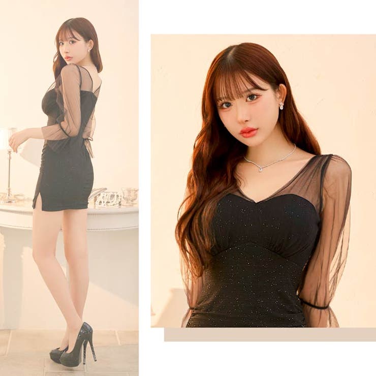 [伊藤桃々着用]大人上品肌魅せシアーチュール七分袖タイトミニ丈キャバドレス | Dazzy | 詳細画像32 