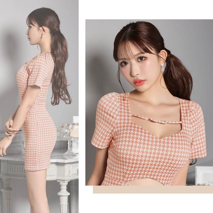 千鳥格子ウエストカットアウト半袖タイトミニ丈キャバドレス[SML 3サイズ展開]… | Dazzy | 詳細画像26 