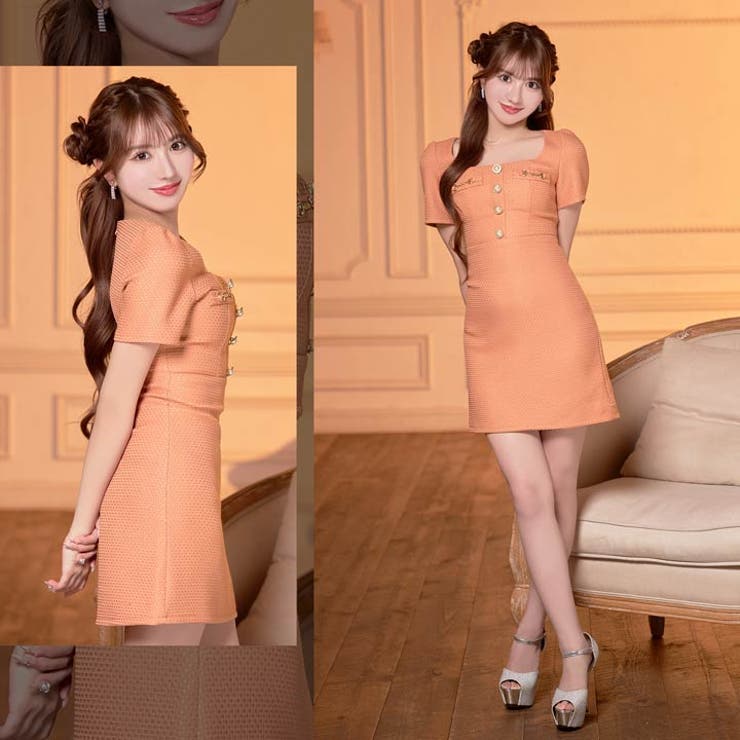 美デコルテ魅せスクエアネックに二の腕隠せる半袖ミニ丈キャバドレス[SML 3サイ… | Dazzy | 詳細画像23 