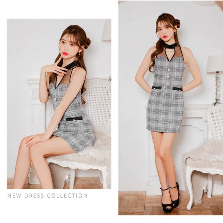 [谷間魅せ]大胆ホール×チェック柄シアーアメスリのタイトミニ丈キャバドレス[SM… | Dazzy | 詳細画像28 