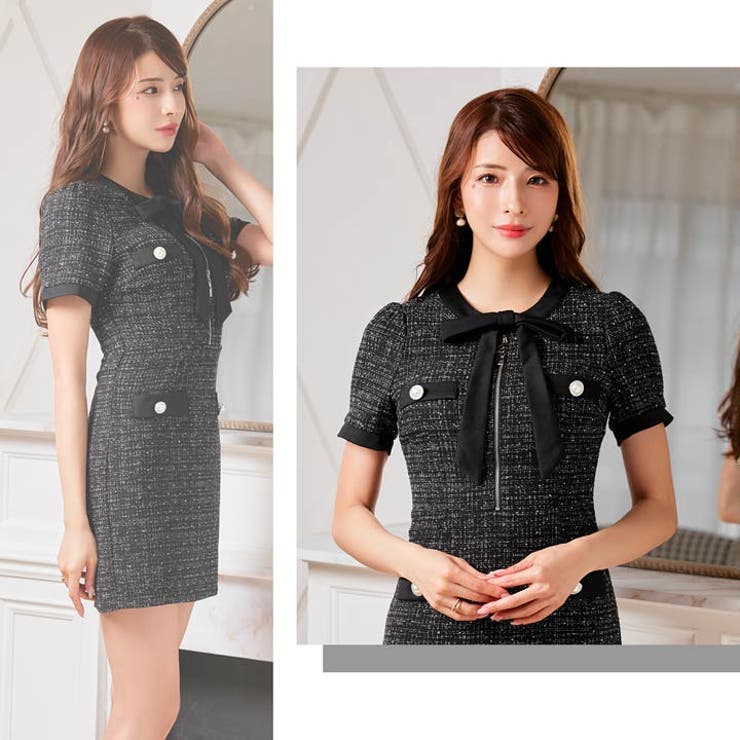 輝くグリッターツイード×首元リボンのファスナー付きタイトミニ丈キャバドレス[SM… | Dazzy | 詳細画像25 