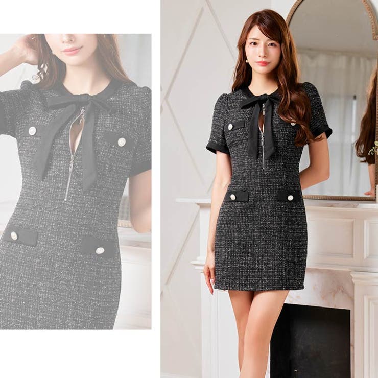 輝くグリッターツイード×首元リボンのファスナー付きタイトミニ丈キャバドレス[SM… | Dazzy | 詳細画像26 