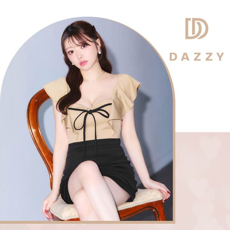 大胆デコルテ魅せ×美くびれバイカラー♪リボンが大人可愛いフリル袖タイトミニ丈キャ… | Dazzy | 詳細画像19 