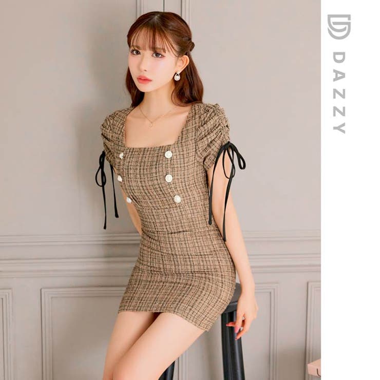 [伊藤桃々着用]上品チェックツイードにパールボタンが高級感 袖リボンタイトミニ丈… | Dazzy | 詳細画像24 