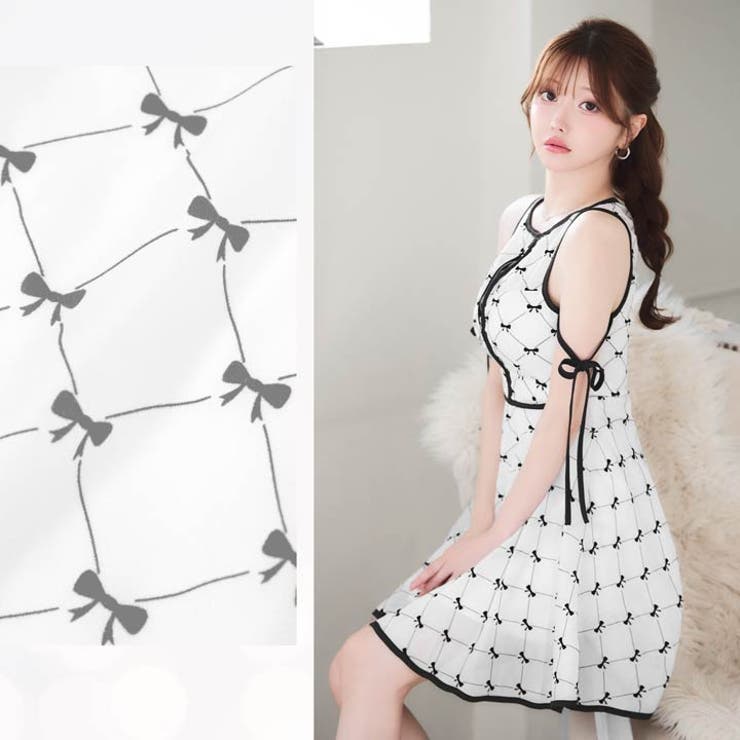バイカラーリボン柄×谷間ジップ♪透け感シアーとふんわりフレアが魅せる上品Aライン… | Dazzy | 詳細画像24 