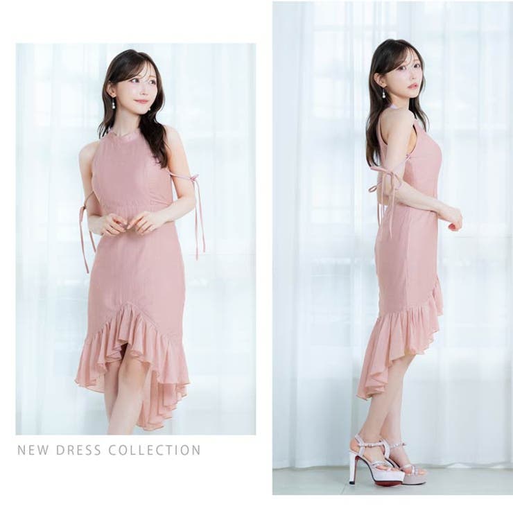シフォン＆ビジューが今っぽい♪大人ピンクの上品膝丈フリルマーメイドドレス[SML… | Dazzy | 詳細画像21 