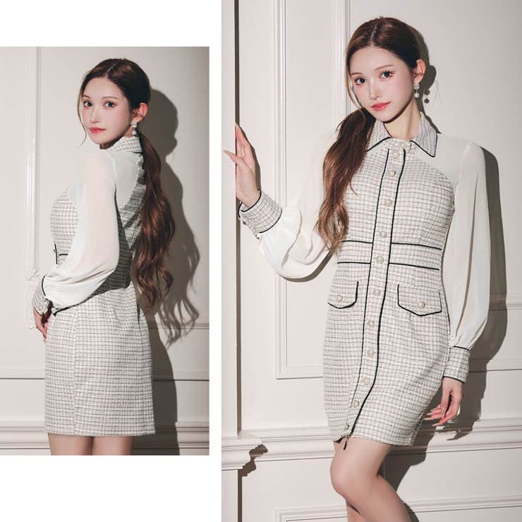 高級感あふれるパールボタンストレッチツイード×シアー袖キャバドレス | Dazzy | 詳細画像27 