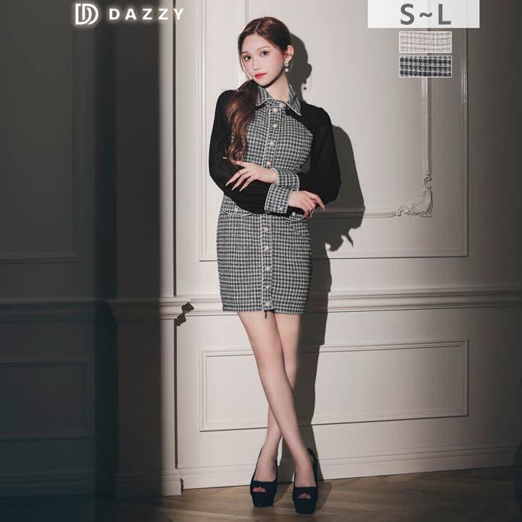 高級感あふれるパールボタンストレッチツイード×シアー袖キャバドレス | Dazzy | 詳細画像11 