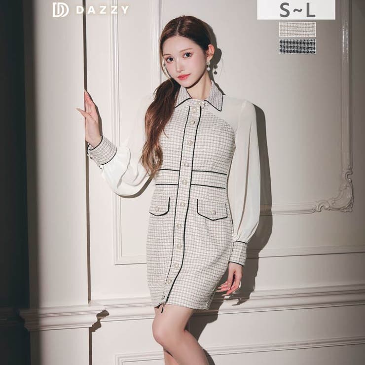 高級感あふれるパールボタンストレッチツイード×シアー袖キャバドレス | Dazzy | 詳細画像2 