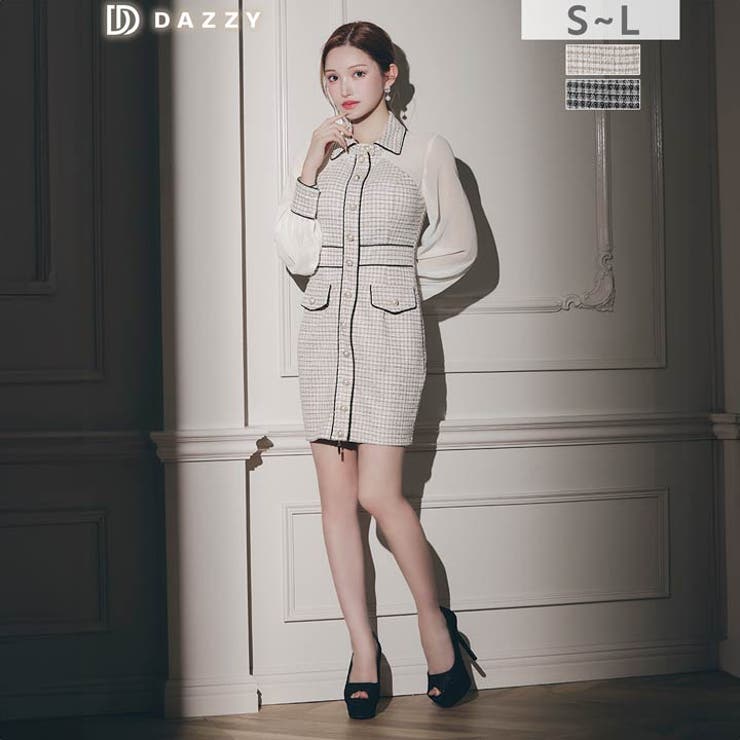 高級感あふれるパールボタンストレッチツイード×シアー袖キャバドレス | Dazzy | 詳細画像5 