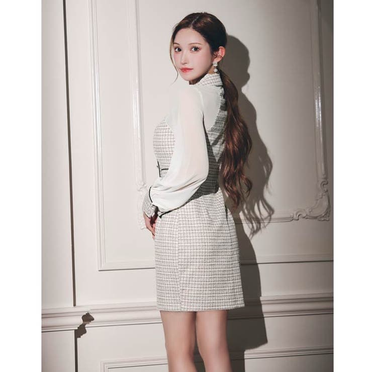 高級感あふれるパールボタンストレッチツイード×シアー袖キャバドレス | Dazzy | 詳細画像8 