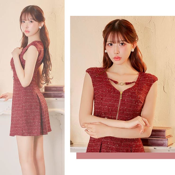 [伊藤桃々着用]大人の輝き放つ胸元ジップ×スパンコールツイード華奢魅せAラインミ… | Dazzy | 詳細画像24 