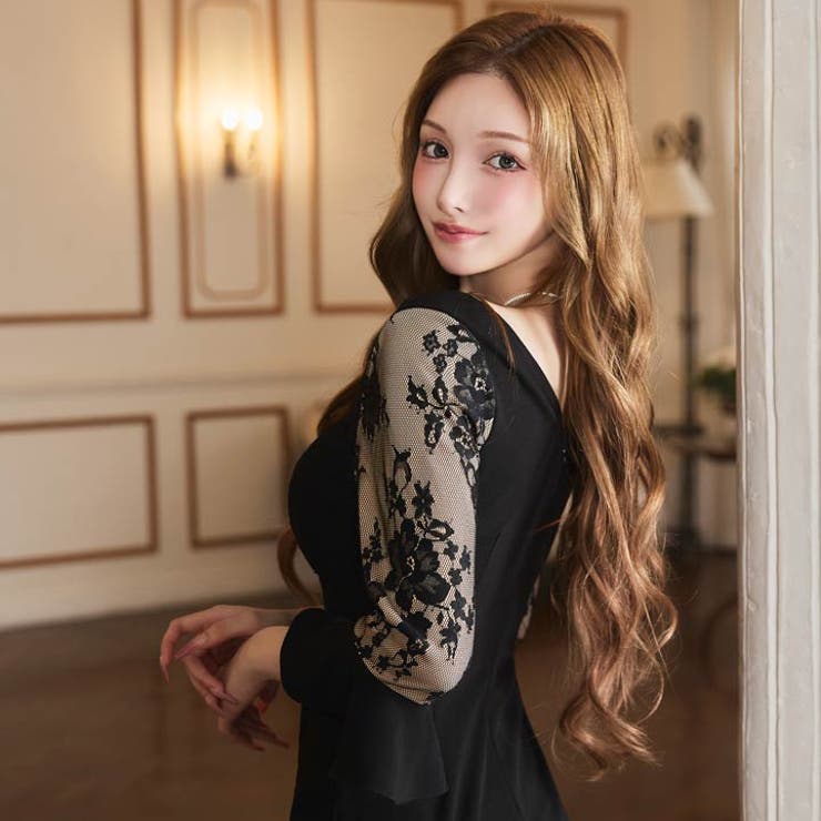 まるで素肌のようにカバーする透けレース袖キャバドレス[SML/3サイズ展開] | Dazzy | 詳細画像5 