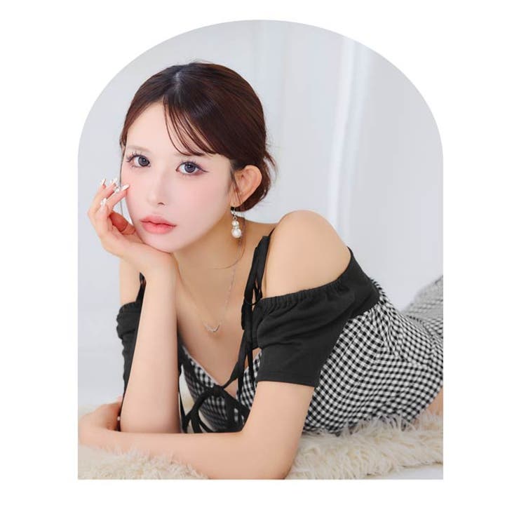 [伊藤桃々着用]ギンガムチェック×ウエスト肌魅せ♪オフショルAラインセットアップ… | Dazzy | 詳細画像32 