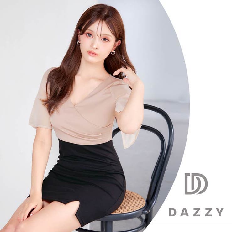バイカラー×カシュクールVネック♪上品に色っぽいフレア袖スリットタイトミニ丈キャ… | Dazzy | 詳細画像18 