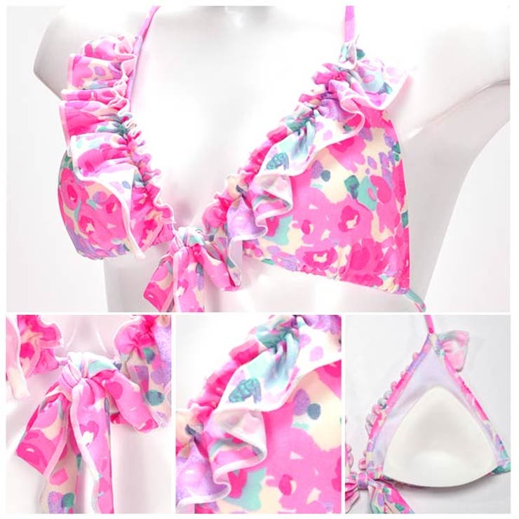 水着新作 【SML3サイズ展開】水彩風花柄リボンフリル三角ビキニ水着上下SET | Dazzy | 詳細画像8 