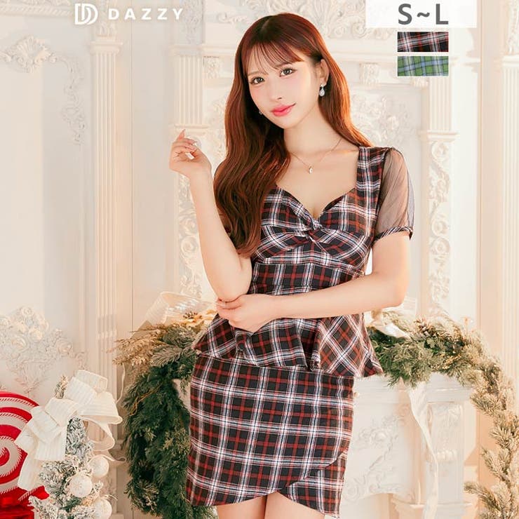 チェック柄ツイストペプラムシアー半袖タイトミニ丈キャバドレス | Dazzy | 詳細画像1 