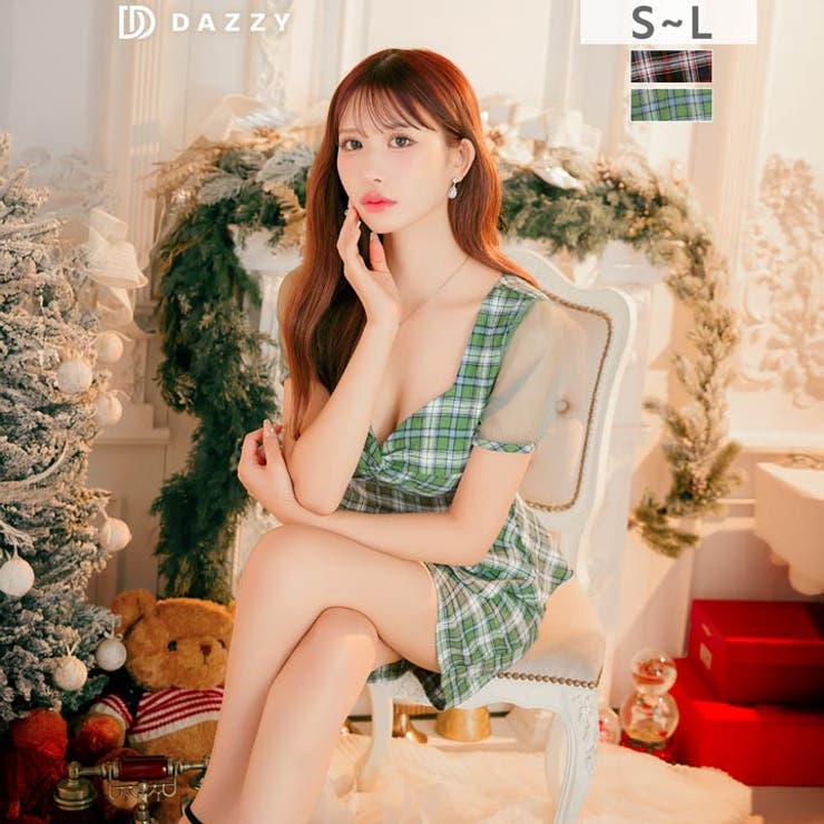 チェック柄ツイストペプラムシアー半袖タイトミニ丈キャバドレス | Dazzy | 詳細画像11 