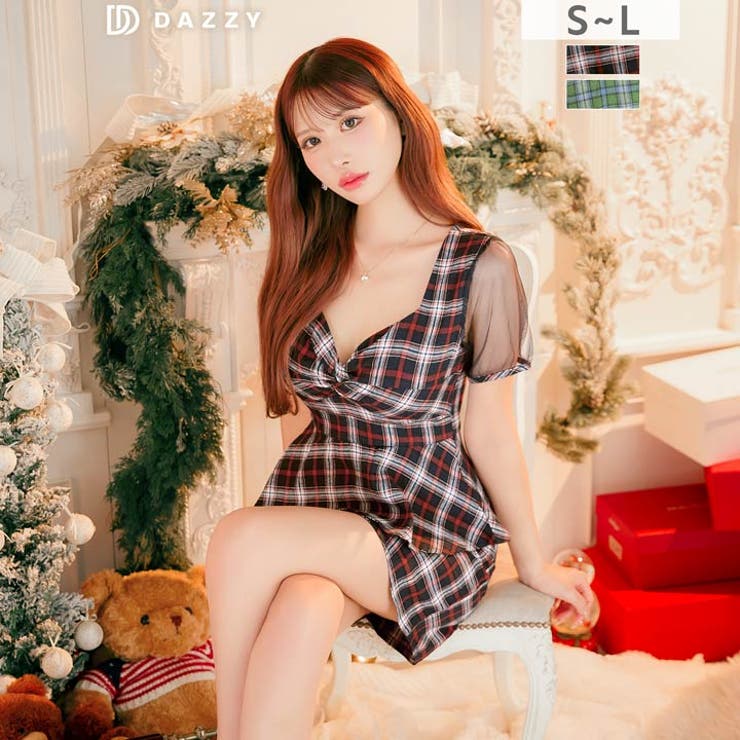 チェック柄ツイストペプラムシアー半袖タイトミニ丈キャバドレス | Dazzy | 詳細画像2 