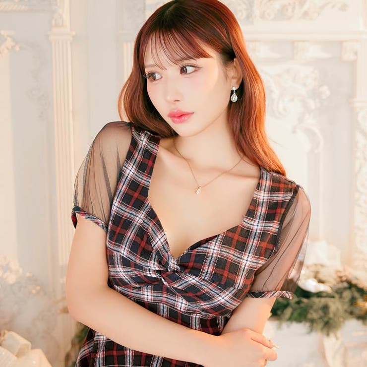 チェック柄ツイストペプラムシアー半袖タイトミニ丈キャバドレス | Dazzy | 詳細画像6 