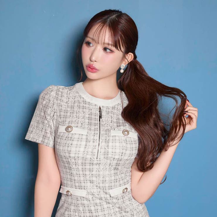 チェック柄レースフロントジップパールボタン半袖タイトミニ丈キャバドレス[SML … | Dazzy | 詳細画像9 