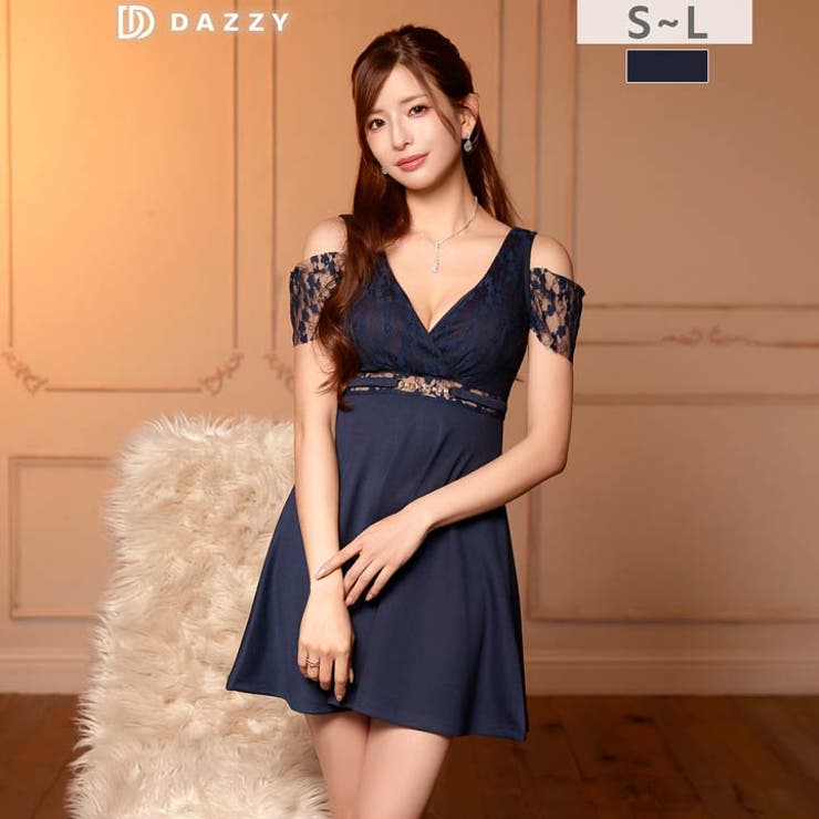 美谷間魅せと透け袖が色っぽいオフショルAラインミニ丈キャバドレス[SML 3サイ… | Dazzy | 詳細画像1 