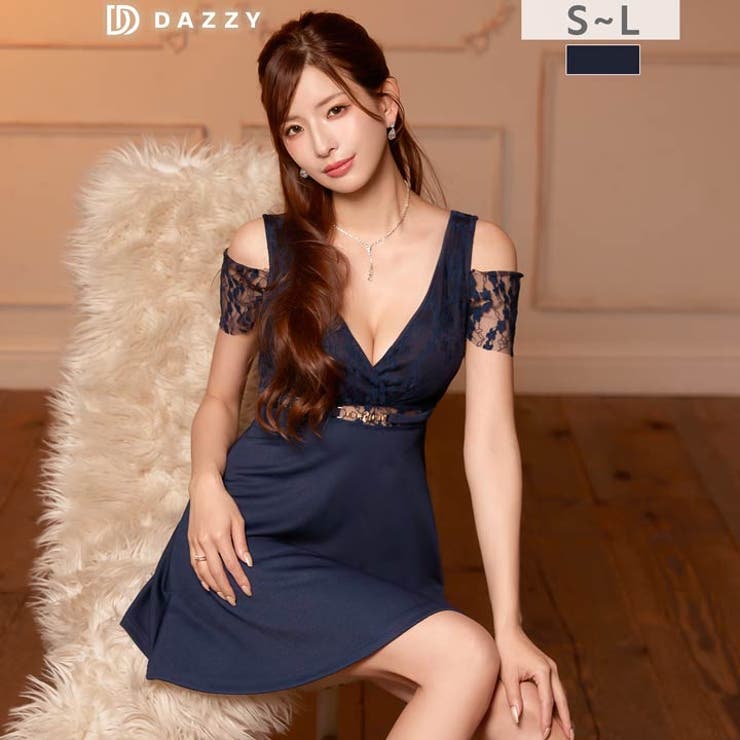 美谷間魅せと透け袖が色っぽいオフショルAラインミニ丈キャバドレス[SML 3サイ… | Dazzy | 詳細画像2 