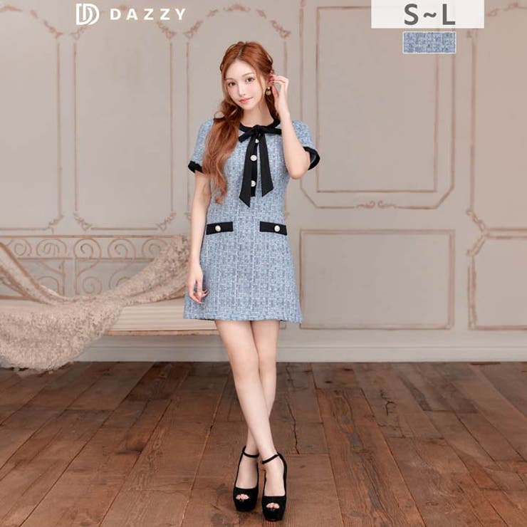 フロントリボンツイードパールボタン半袖Aラインミニ丈キャバドレス[SML 3サイ… | Dazzy | 詳細画像2 