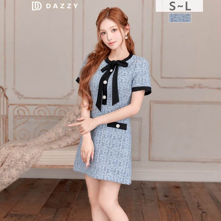 フロントリボンツイードパールボタン半袖Aラインミニ丈キャバドレス[SML 3サイ… | Dazzy | 詳細画像9 