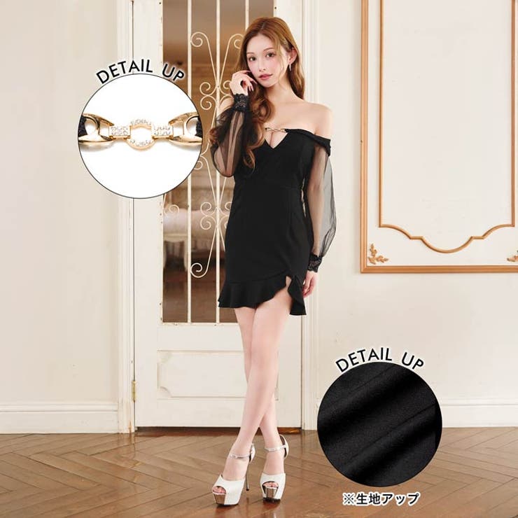 オフショルビジューバックルシアー袖スリットマーメイドミニ丈キャバドレス[SML … | Dazzy | 詳細画像4 